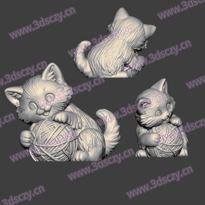 3D0346可爱小猫咪玩毛球Q版卡通动物STL文件三维图立体图建模精雕图雕刻机玉雕图木雕图圆雕图3D打印模型数据-3D素材资源仓