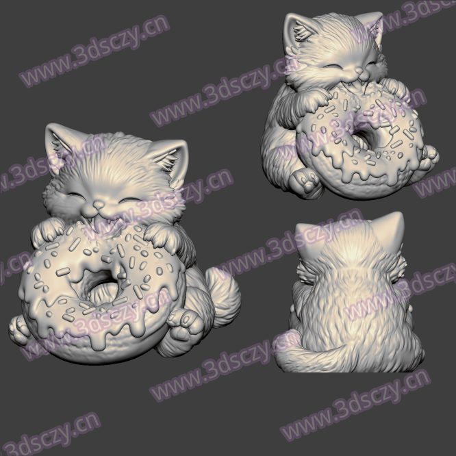 3D0347可爱的小猫吃甜甜圈Q版卡通动物STL文件三维图立体图建模精雕图雕刻机玉雕图木雕图圆雕图3D打印模型数据-3D素材资源仓