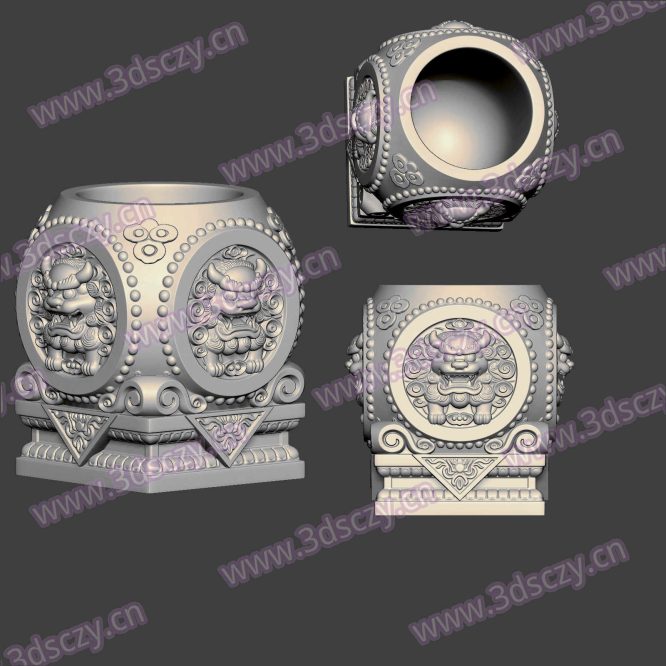 3D0377狮鼓笔筒容器收纳摆件STL文件三维图立体图建模精雕图雕刻机玉雕图木雕图圆雕图3D打印模型数据-3D素材资源仓