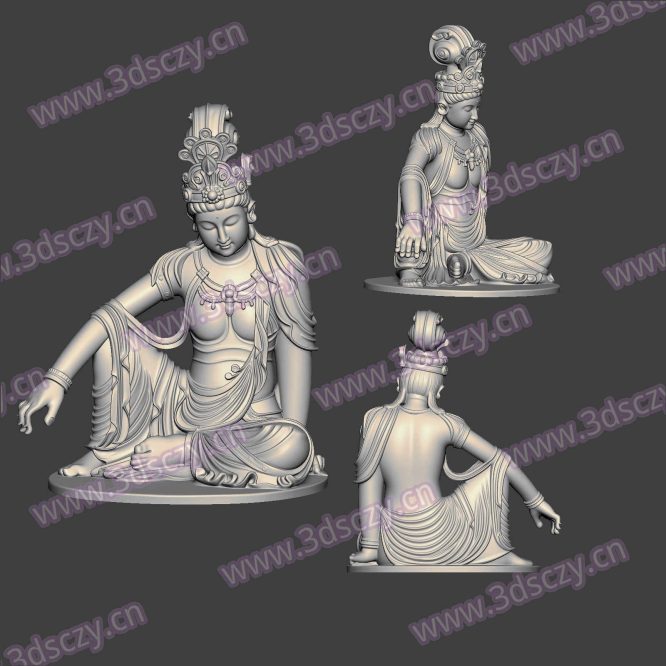 3D0424水月观音自在观音摆件STL文件三维图立体图建模精雕图雕刻机玉雕图木雕图圆雕图3D打印模型数据-3D素材资源仓
