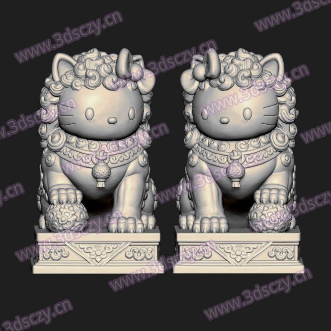 000595石狮子凯蒂猫STL文件三维图立体图建模精雕图雕刻机玉雕图木雕图圆雕图3D打印模型数据-3D素材资源仓