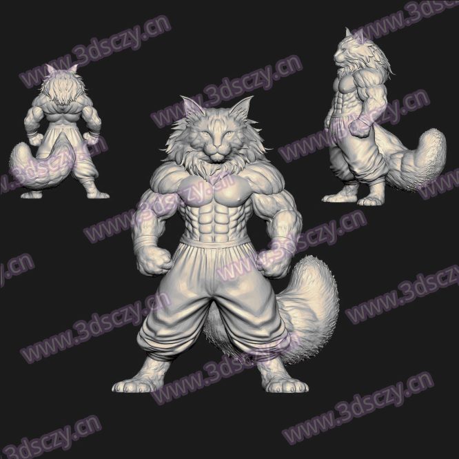 000823肌肉缅因猫战士圆雕图STL文件三维图立体图建模精雕图雕刻机玉雕图木雕图3D打印模型数据-3D素材资源仓