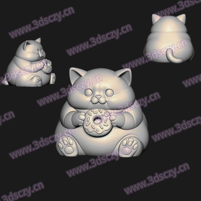 000856胖胖的小猫拿甜甜圈圆雕图STL文件三维图立体图建模精雕图雕刻机玉雕图木雕图3D打印模型数据-3D素材资源仓
