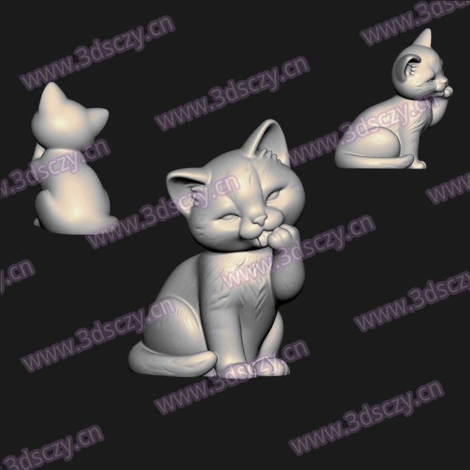 000868可爱小猫舔爪子圆雕图STL文件三维图立体图建模精雕图雕刻机玉雕图木雕图3D打印模型数据-3D素材资源仓