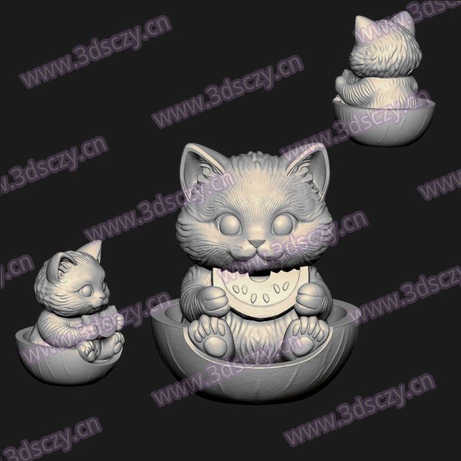 000875小猫坐碗吃西瓜圆雕图STL文件三维图立体图建模精雕图雕刻机玉雕图木雕图3D打印模型数据-3D素材资源仓