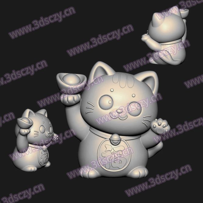 000880招福猫拿元宝圆雕图STL文件三维图立体图建模精雕图雕刻机玉雕图木雕图3D打印模型数据-3D素材资源仓