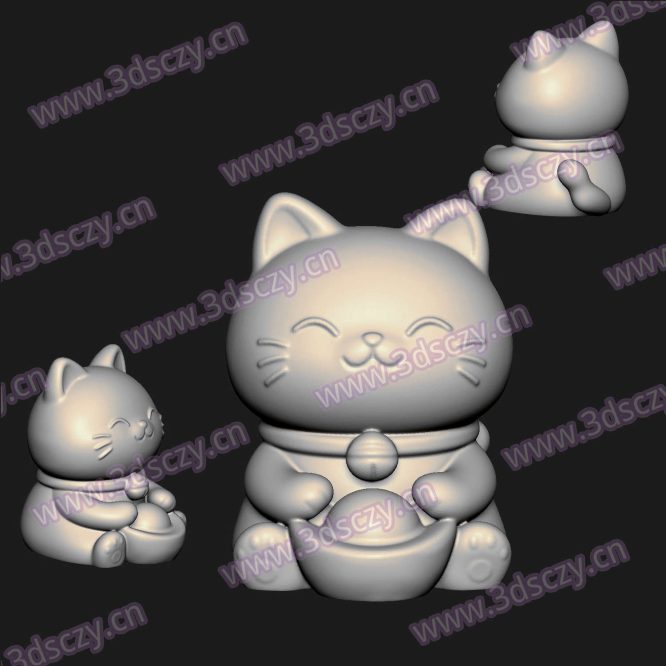 000881招财小猫抱元宝圆雕图STL文件三维图立体图建模精雕图雕刻机玉雕图木雕图3D打印模型数据-3D素材资源仓