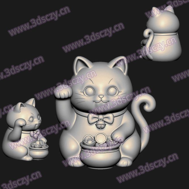 000899元宝铜钱招财猫圆雕图STL文件三维图立体图建模精雕图雕刻机玉雕图木雕图3D打印模型数据-3D素材资源仓