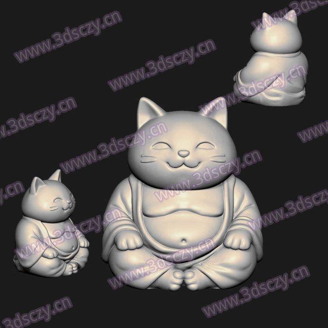001061禅意国风静坐猫咪圆雕图STL文件三维图立体图建模精雕图雕刻机玉雕图木雕图3D打印模型数据-3D素材资源仓